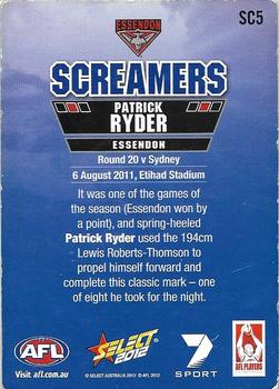 2012 Select AFL Champions - Screamers #SC5 Patrick Ryder Back